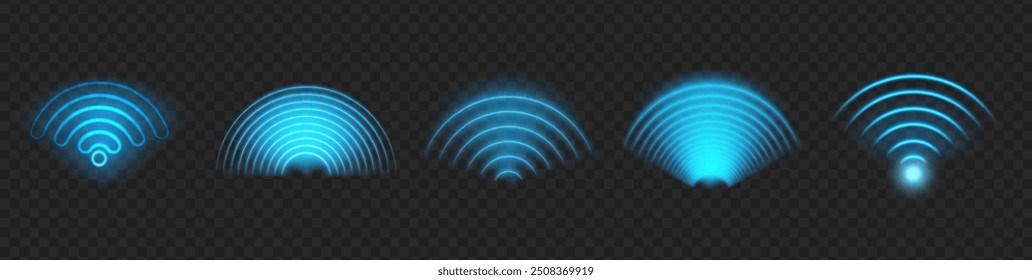 Efecto de luz de onda Wifi. Conjunto aislado de Vector de señales digitales de tecnología de señal de sonido de sensor de radar azul realista. Símbolo de círculo de neón para monitoreo y protección inalámbrica, radiofrecuencia