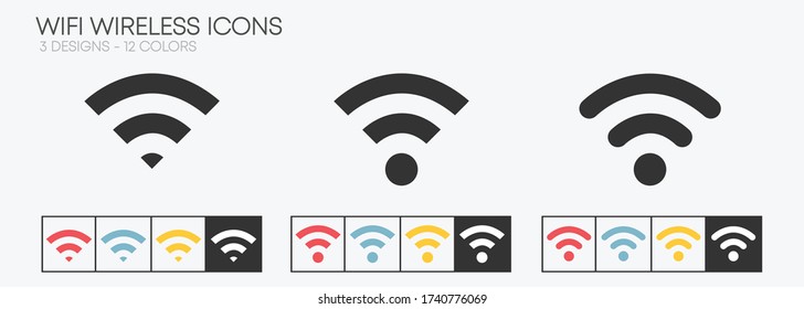 Juego de iconos Wi-fi inalámbrico - Internet, conexión, wi-fi, señal - 3 diseños y 12 colores - Isolación de ilustración vectorial