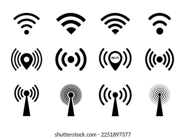 Wi-Fi and wireless icon set. Wireless level and wifi signal. WiFi zone sign. Mobile connection icons. Vector