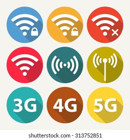 Wifi and wireless icon set for remote internet access. Podcast vector symbols in flat style. 3G, 4G and 5G technology signs.