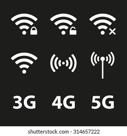 Wifi and wireless icon set for remote internet access. Podcast vector symbols. 3G, 4G and 5G technology signs.