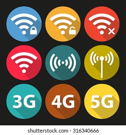 Wifi and wireless icon set for remote internet access. Podcast vector symbols. 3G, 4G and 5G technology signs. Colorful wifi symbols in flat design.