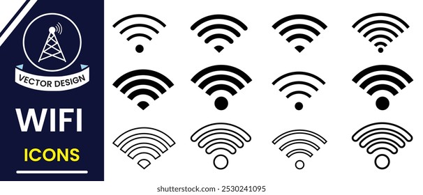 Wi-fi, ícone sem fio, sinal, símbolo, silhueta. símbolo Wifi, ícone, vetor. ícone linear de rede wi-fi, conjunto de vetores.  Elemento de sinal sem fio da Internet. Ilustração vetorial.