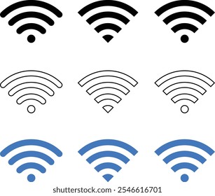 Ícone plano de sinal de internet sem fio Wi-Fi definido para aplicativos. O ícone Wi-Fi define traços editáveis.