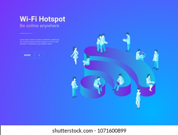 Wifi Wireless Isometric Flat Illustration Concept. People Using Wi-fi.