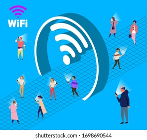 Wifi Wireless isometric flat illustration concept. People using Wi-fi.