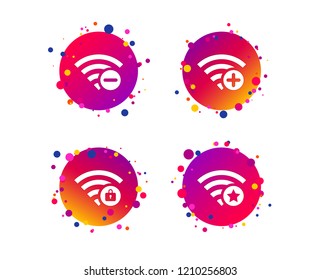 Wifi Wireless Network icons. Wi-fi zone add or remove symbols. Favorite star sign. Password protected Wi-fi. Gradient circle buttons with icons. Random dots design. Vector