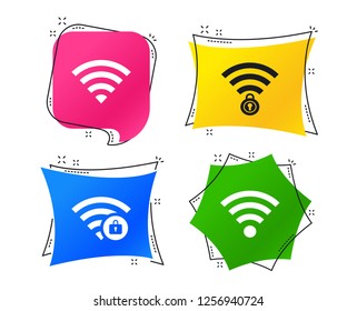 Wifi Wireless Network icons. Wi-fi zone locked symbols. Password protected Wi-fi sign. Geometric colorful tags. Banners with flat icons. Trendy design. Vector