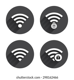 Wifi Wireless Network icons. Wi-fi zone locked symbols. Password protected Wi-fi sign. Circles buttons with long flat shadow. Vector