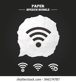 Wifi Wireless Network icons. Wi-fi zone locked symbols. Password protected Wi-fi sign. Paper speech bubble with icon.