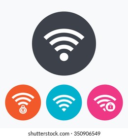 Wifi Wireless Network icons. Wi-fi zone locked symbols. Password protected Wi-fi sign. Circle flat buttons with icon.