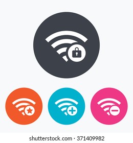 Wifi Wireless Network icons. Wi-fi zone add or remove symbols. Favorite star sign. Password protected Wi-fi. Circle flat buttons with icon.