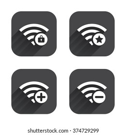 Wifi Wireless Network icons. Wi-fi zone add or remove symbols. Favorite star sign. Password protected Wi-fi. Square flat buttons with long shadow.