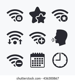 Wifi Wireless Network icons. Wi-fi zone add or remove symbols. Favorite star sign. Password protected Wi-fi. Wifi internet, favorite stars, calendar and clock. Talking head. Vector