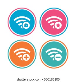 Wifi Wireless Network icons. Wi-fi zone add or remove symbols. Favorite star sign. Password protected Wi-fi. Colored circle buttons. Vector