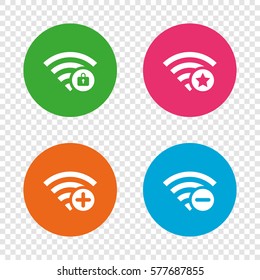 Wifi Wireless Network icons. Wi-fi zone add or remove symbols. Favorite star sign. Password protected Wi-fi. Round buttons on transparent background. Vector