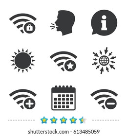 Wifi Wireless Network icons. Wi-fi zone add or remove symbols. Favorite star sign. Password protected Wi-fi. Information, go to web and calendar icons. Sun and loud speak symbol. Vector