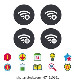 Wifi Wireless Network icons. Wi-fi zone add or remove symbols. Favorite star sign. Password protected Wi-fi. Calendar, Information and Download signs. Stars, Award and Book icons. Vector