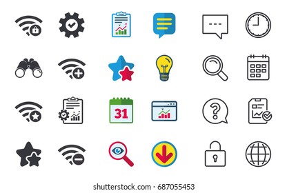 Wifi Wireless Network icons. Wi-fi zone add or remove symbols. Favorite star sign. Password protected Wi-fi. Chat, Report and Calendar signs. Stars, Statistics and Download icons. Vector