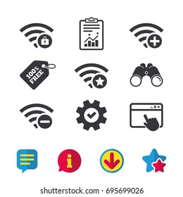 Wifi Wireless Network icons. Wi-fi zone add or remove symbols. Favorite star sign. Password protected Wi-fi. Browser window, Report and Service signs. Binoculars, Information and Download icons