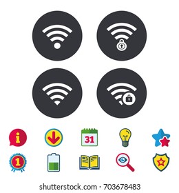 Wifi Wireless Network icons. Wi-fi zone locked symbols. Password protected Wi-fi sign. Calendar, Information and Download signs. Stars, Award and Book icons. Light bulb, Shield and Search. Vector