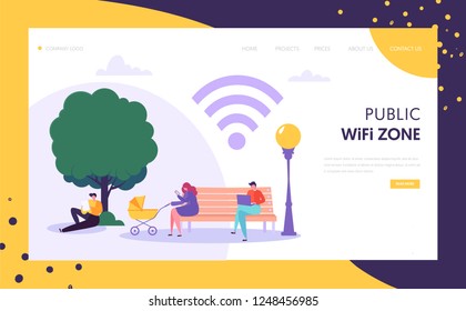 Wifi wireless network landing page template. Public wi-fi zone in park with characters using mobile devices for website or web page. Vector illustration