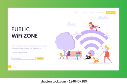 Wifi Wireless Network Landing Page Template. Public Wi-fi Zone In Park With Characters Using Mobile Devices For Website Or Web Page. Vector Illustration