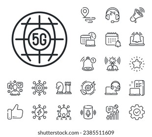 Signo de red inalámbrica Wifi. Coloque los iconos de la ubicación, la tecnología y el contorno del altavoz inteligente. Icono de línea de Internet 5g. Símbolo de transmisión de datos móviles. 5 g de señal de línea de internet. Vector