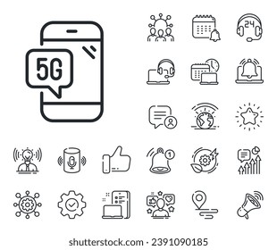 Wifi wireless network sign. Place location, technology and smart speaker outline icons. 5g technology phone line icon. Mobile data transmission symbol. 5g phone line sign. Vector