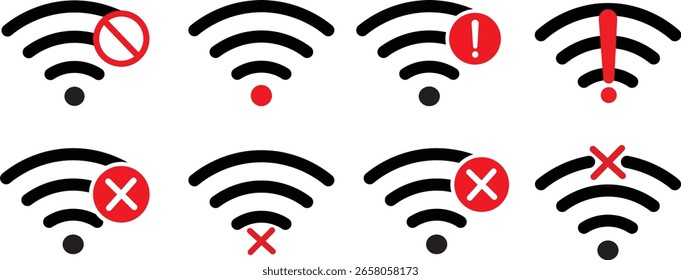 Ícone de problema de Wi-Fi e sem fio, Design de ícones sem fio, símbolo de ícones sem fio, Internet sem acesso sem erro, ilustração de ícones de tecnologia sem fio,
