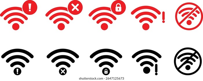 Wifi and wireless problem icon, No internet access crossed out symbol, Wifi signal icon with cross indicating no connection, Wifi and wireless problem icon or no wifi icon set