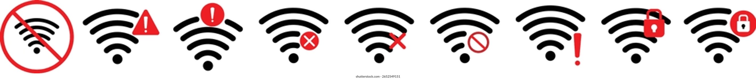 Wifi y el icono de problema inalámbrico o ningún conjunto de iconos wifi. No hay acceso a Internet tachado símbolo. señal wifi con un símbolo de prohibición. que representa ninguna conexión a Internet. 
