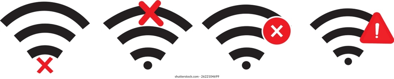 Wifi and wireless problem or icon set. No wifi signal icon set. internet error connection warning icon design. Wireless network with prohibition symbol vactor illustration
