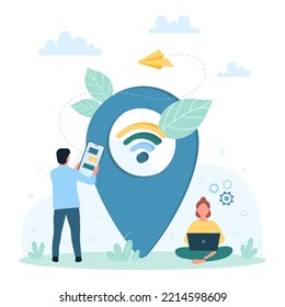 WIFI, wireless public network connection vector illustration. Cartoon tiny people using mobile devices to connect to free hotspot zone, wifi symbol inside location pin to spot signal from router