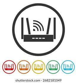 WiFi wireless router, internet connection icon. Set icons in color circle buttons
