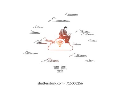 Wifi zone concept. Hand drawn man surfing internet through wi-fi. Person browsing isolated vector illustration.