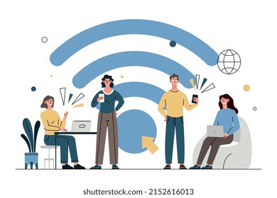 Wifi zone concept. Men and girls with devices connect to Internet. Modern technologies and digital world. Cover information, employees of company, colleagues. Cartoon flat vector illustration