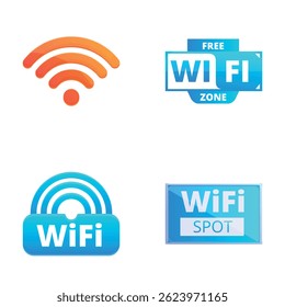 Ícones da zona Wifi definem o vetor de desenhos animados. Ponto de conexão wi-fi sem fio e gratuito. Tecnologia da Internet