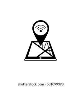 Wi-fi zone map pointer solid icon, mobile gps navigation and location, pin on tablet vector graphics, a filled pattern on a white background, eps 10.