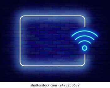 Wifi zone neon announcement. Internet online. Holiday promotion. Empty white frame and wifi symbol. Event celebration. Copy space. Editable stroke. Vector stock illustration