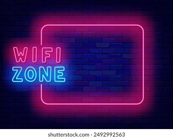 Wifi zone neon banner. Internet online. Empty pink frame and typography. Simple flyer. Copy space. Editing text. Vector stock illustration