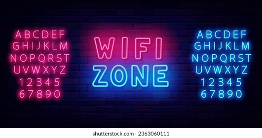 Wifi zone neon label. Glowing internet label for cafe and bar. Shiny blue and pink alphabet. Handwritten text. Fluorescent poster on brick wall. Editing text. Vector stock illustration