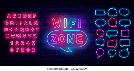 Wifi zone neon label. Glowing internet sign for cafe and bar. Shiny pink alphabet. Speech bubbles frames set. Handwritten text. Fluorescent poster on brick wall. Vector stock illustration