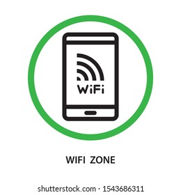 Wifi Zone. WiFi on mobile screen placed into green circle. Simple design. Line vector. Isolate on white background.