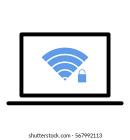 Wifiunlock icon - Flat design, glyph style icon - Blue enclosed in a computer