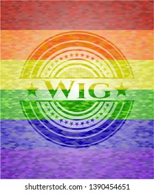 Wig emblem on mosaic background with the colors of the LGBT flag