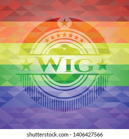 Wig emblem on mosaic background with the colors of the LGBT flag
