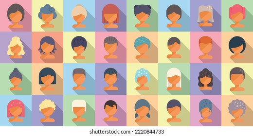 Wig icons set flat vector. Curly girl. Beautiful costume
