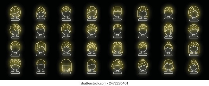 Wig icons set outline vector. Curly girl. Beautiful costume neon color on black