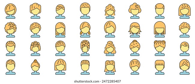 Wig icons set outline vector. Curly girl. Beautiful costume thin line color flat on white